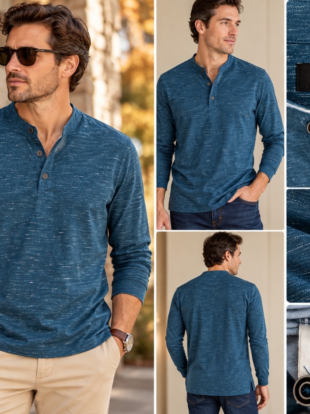 Bugatchi OoohCotton Tech Men’s M Teal Blue Stretch Henley Long Sleeve